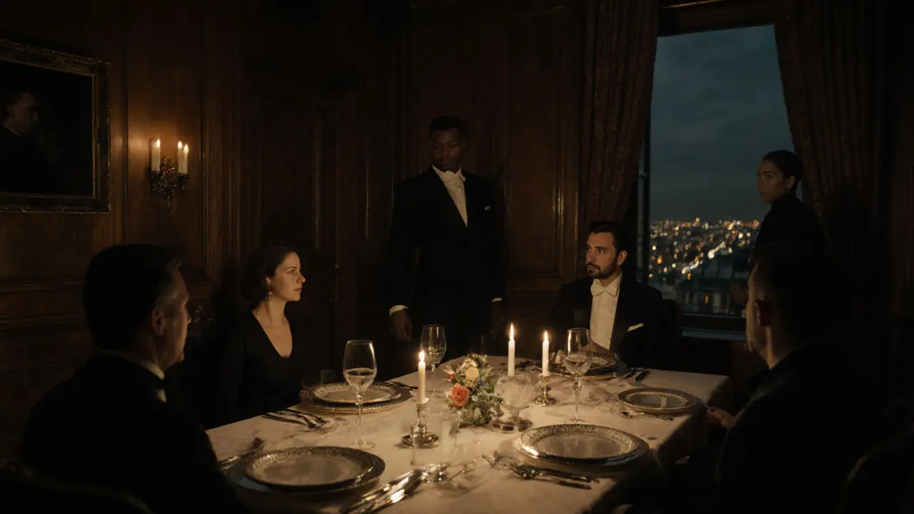 Five guests in quiet elegance share a candlelit dinner at Le Meurice, no phones or logos visible, atmosphere deeply intimate.