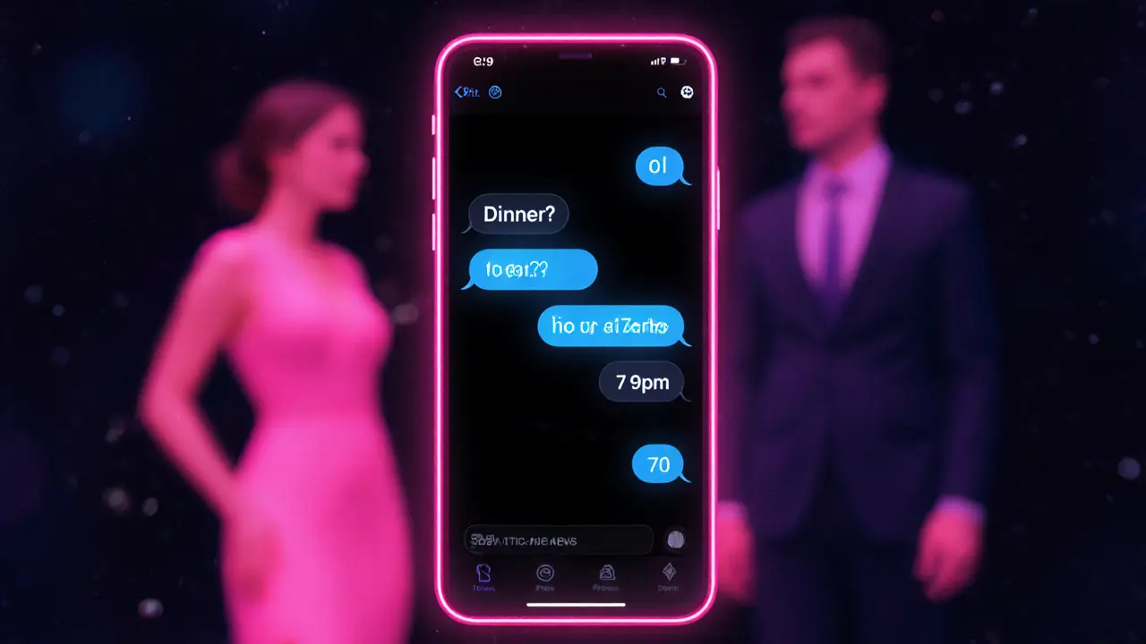 Glowing encrypted text hovers in darkness, symbolizing risky digital messages between unseen individuals in Dubai.