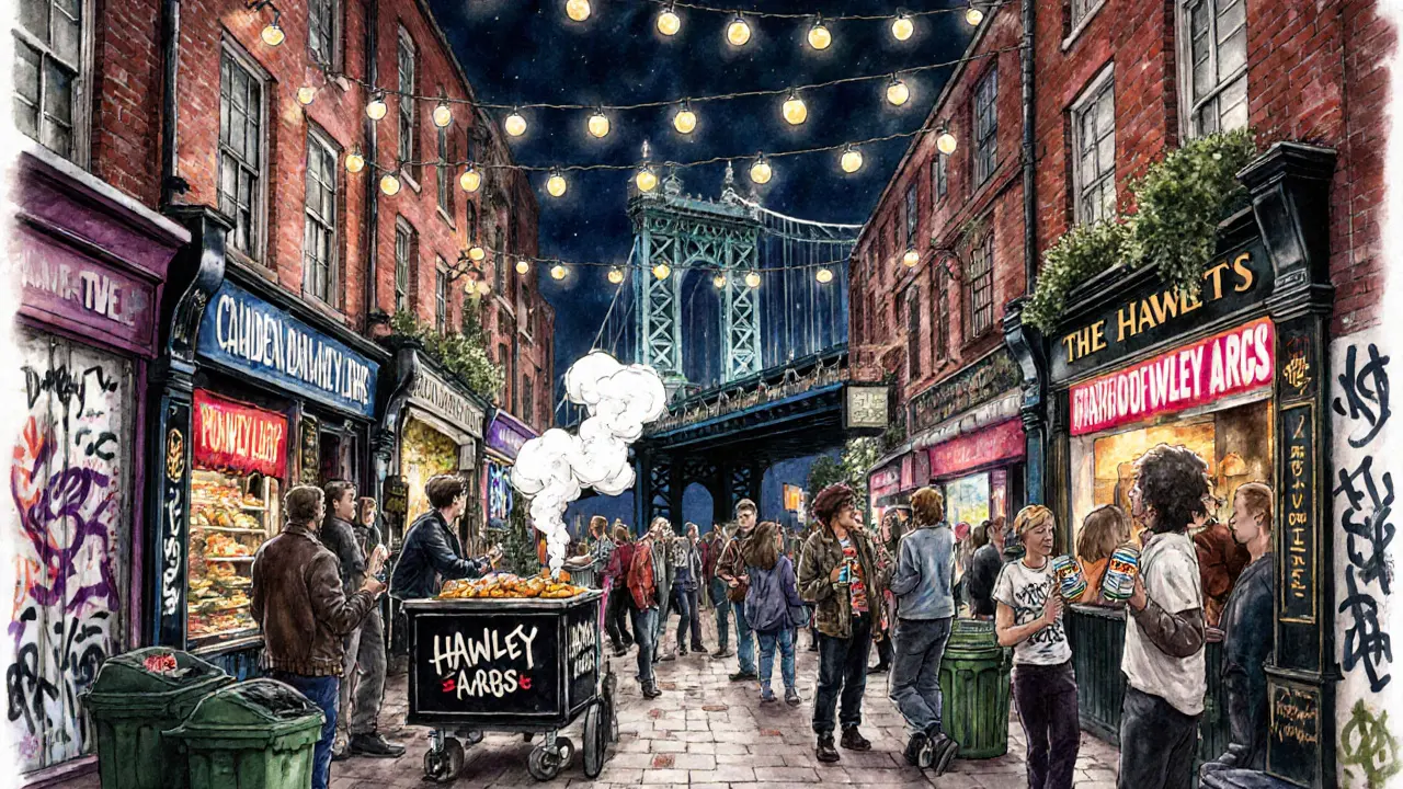 Gritty nighttime street scene at Camden Market with punk band and food stalls.