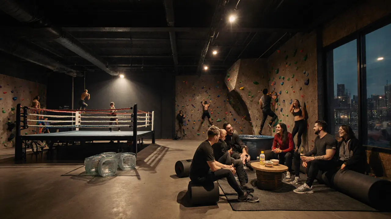 Group of fitness enthusiasts eating protein bowls and socializing in a warehouse gym with boxing rings and climbing walls at night.