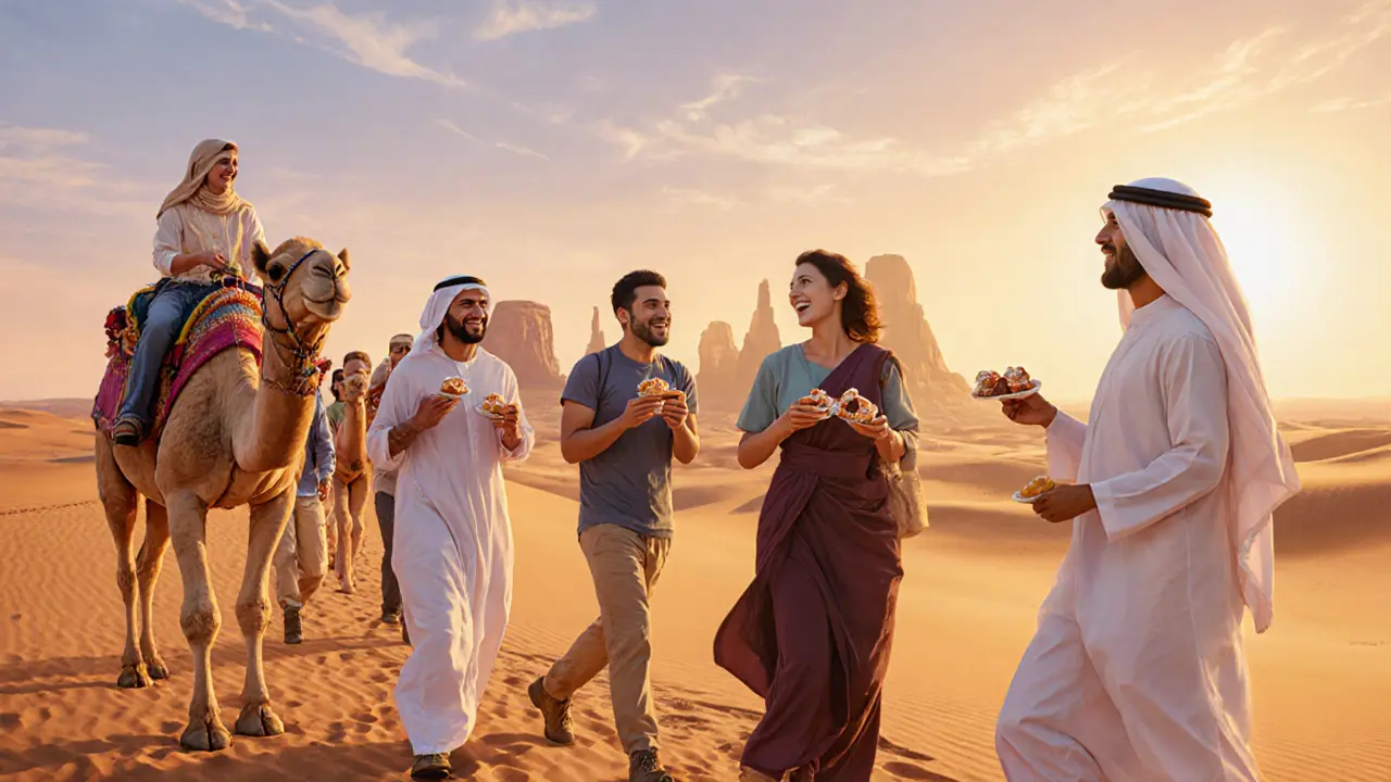 Group of travelers and a guide sharing desert sunset experience with camel rides and sweets.