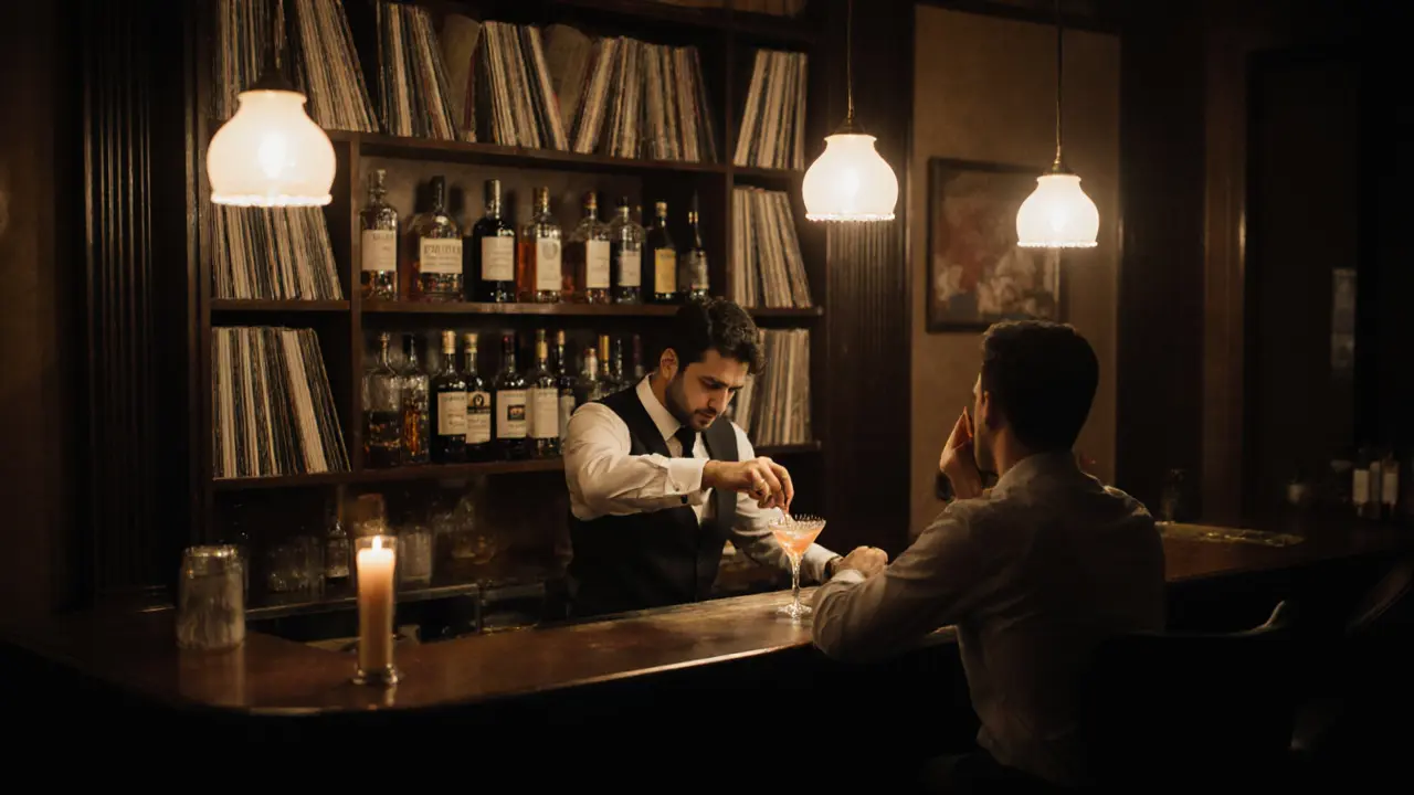 Hidden speakeasy bar with dim lighting, a bartender pouring a cocktail, and vinyl records on the walls.