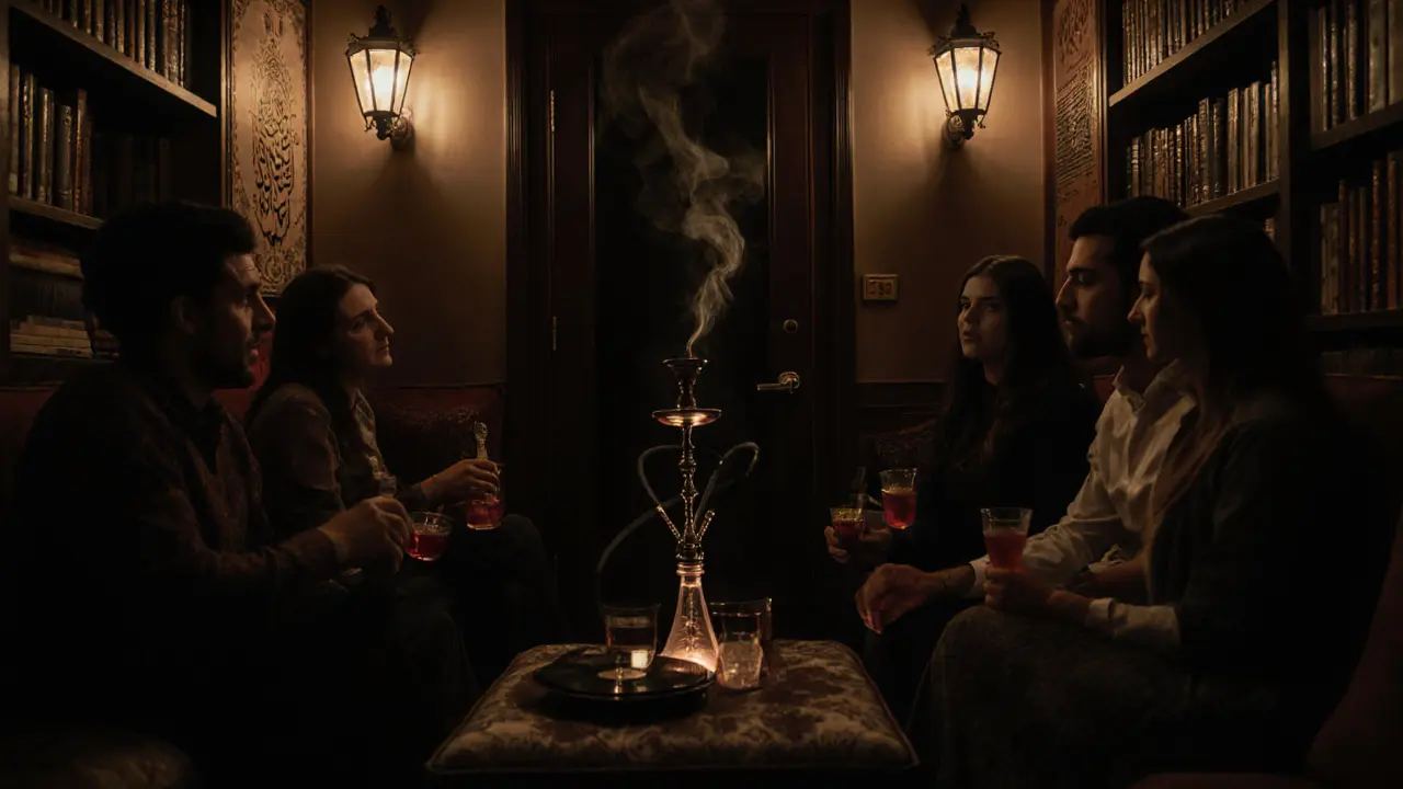 Hidden speakeasy lounge with hookah, vinyl player, and soft lighting in Abu Dhabi.