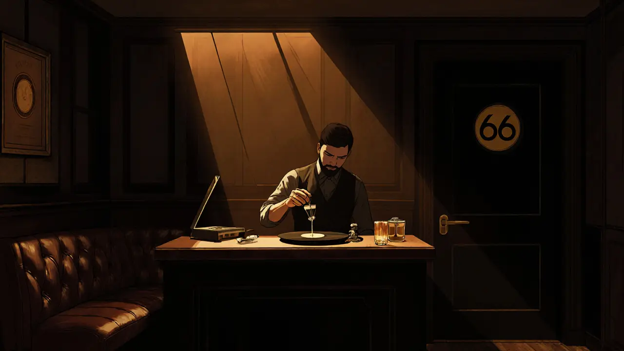 Hidden speakeasy with vintage decor, a bartender pouring a cocktail, soft amber light and leather booths in dim ambiance.