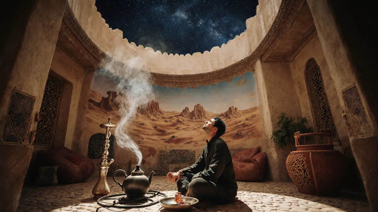 Historic Emirati lounge with coral floors and desert murals, tea being poured beside a shisha under a starry sky.