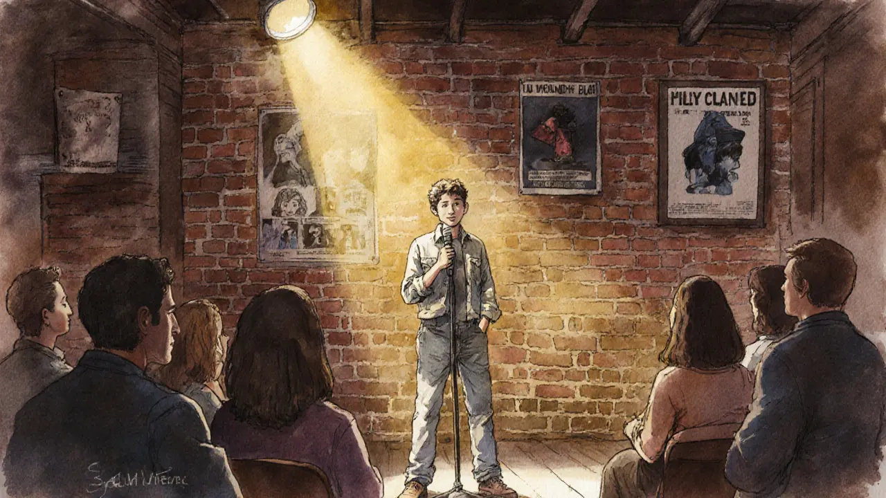 Intimate comedy show in a brick-walled venue with a single spotlight on a storyteller.