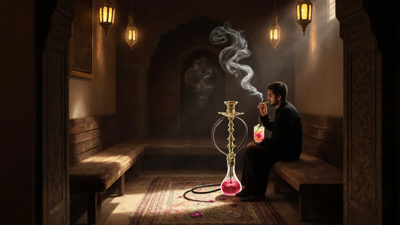 Intimate shisha lounge with golden lanterns and wooden benches, smoke rising as someone sips rosewater lemonade.