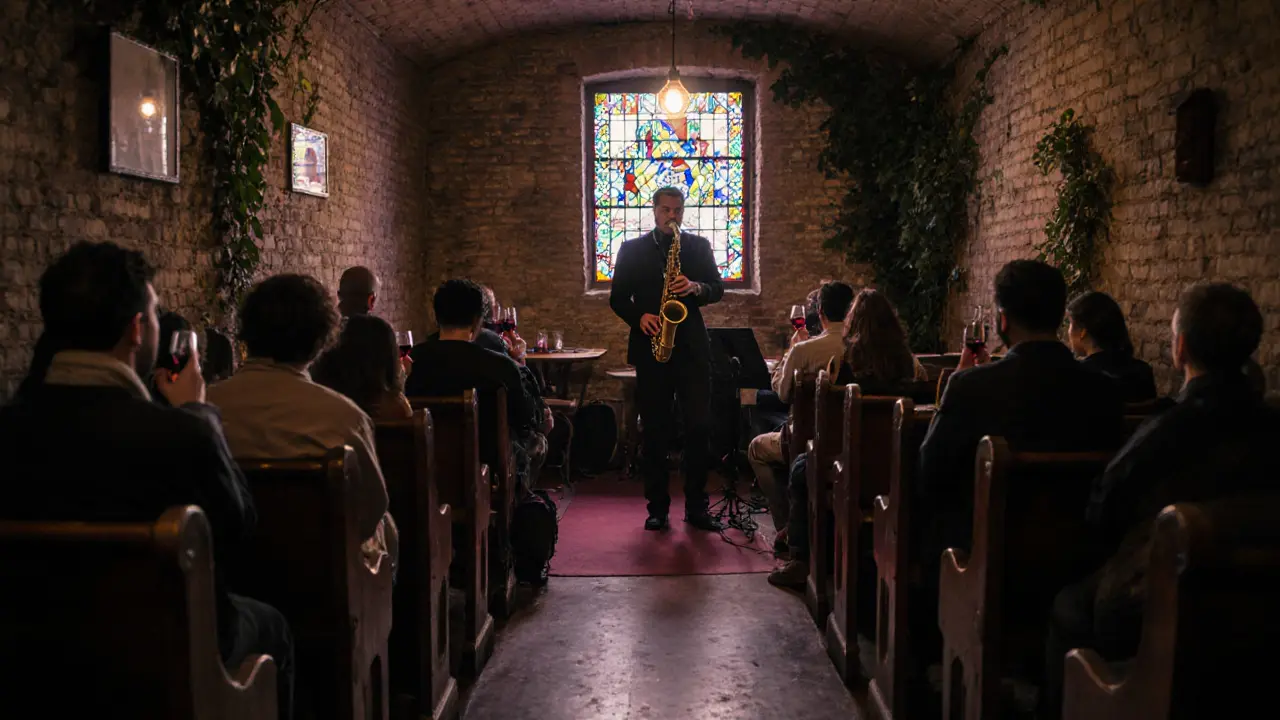 Jazz musicians playing in a dimly lit church basement, patrons sipping wine in folding chairs.