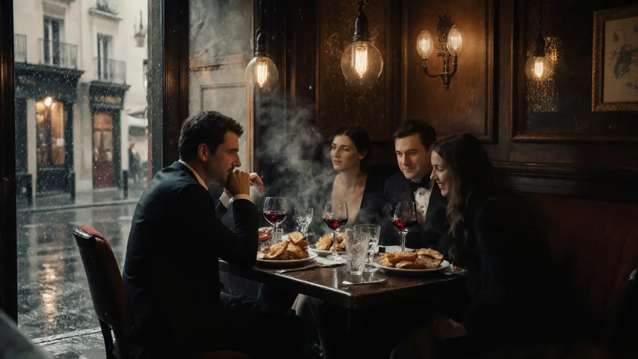 Late-night group eating croque-monsieur at a cozy Paris bistro at 4 a.m.