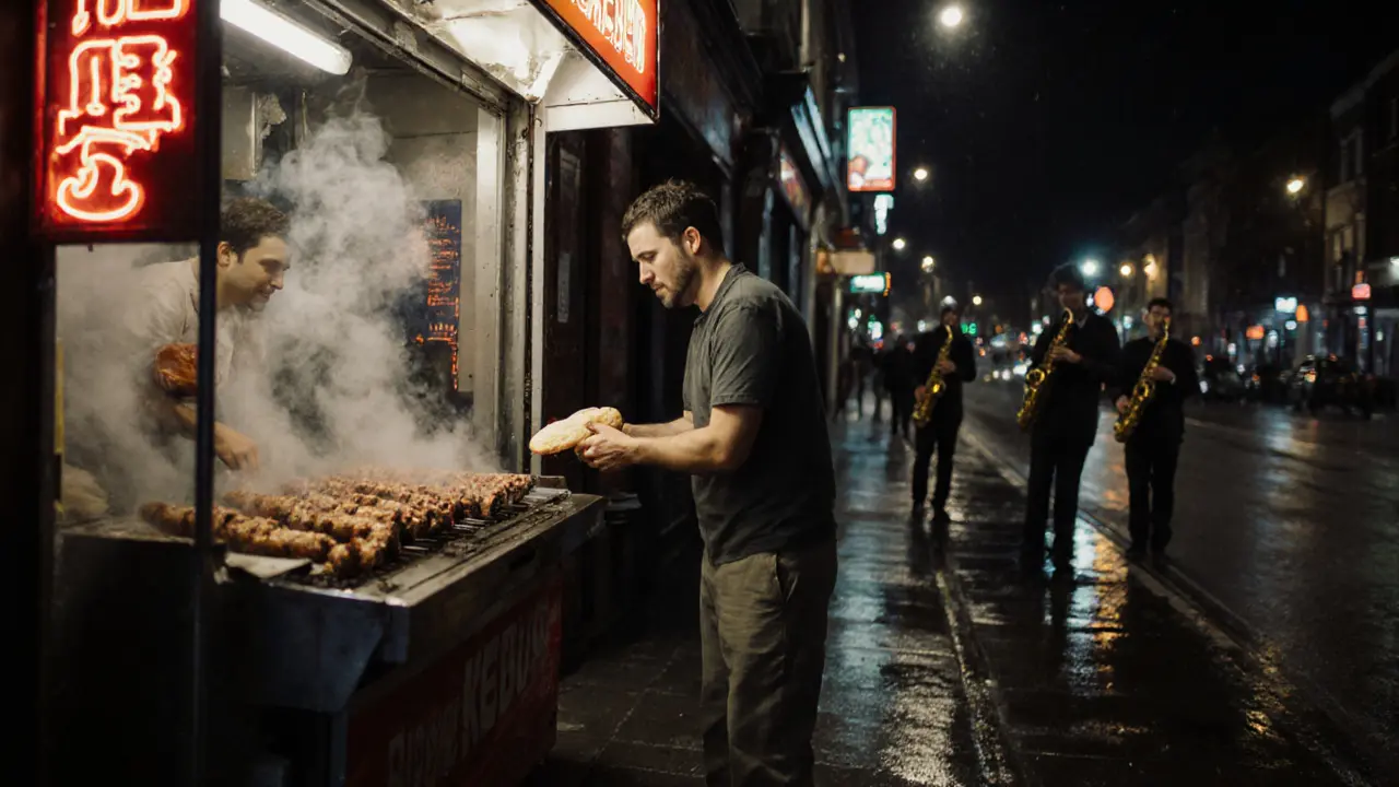Late-night kebab shop in Camden with a vendor giving extra bread to a tired customer at dawn.