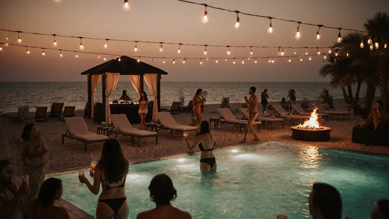 Luxury beach club at twilight with guests dancing on a sand floor beside glowing fire pits and ocean views.