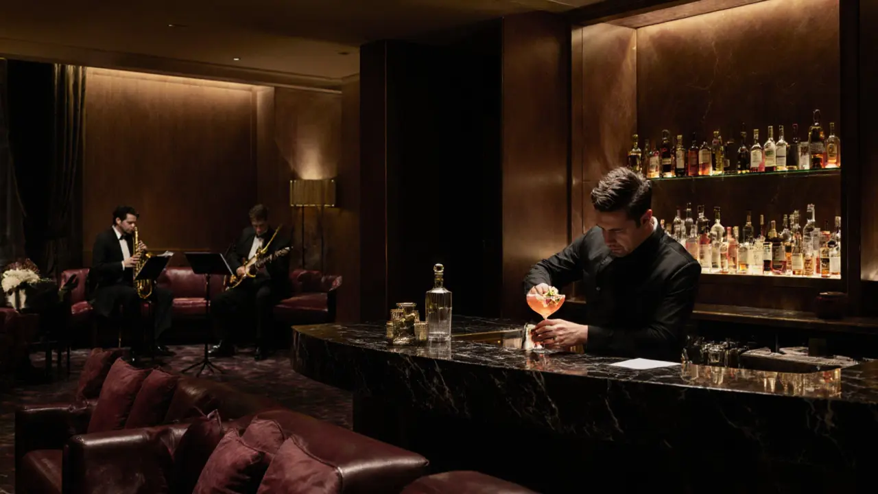 Luxury lounge with jazz trio and mixologist crafting a gold-garnished cocktail in dim light.