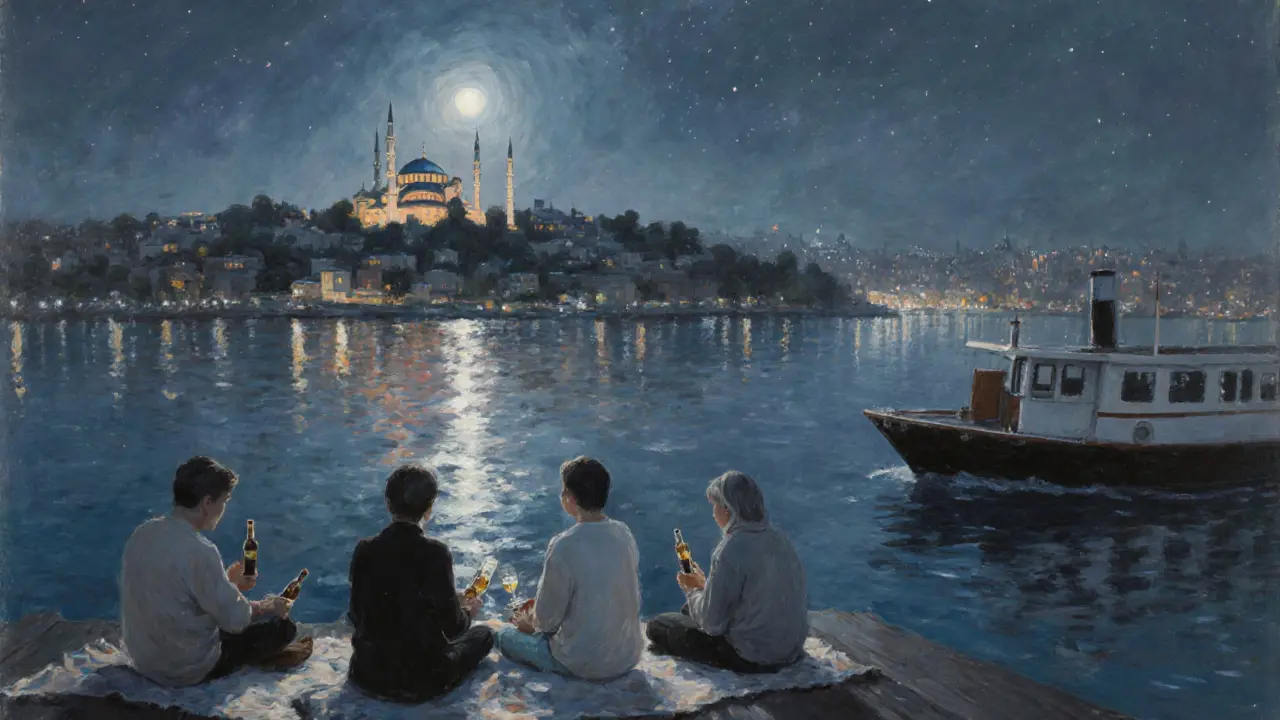 Moonlit ferry gliding on the Bosphorus with passengers quietly enjoying the night.