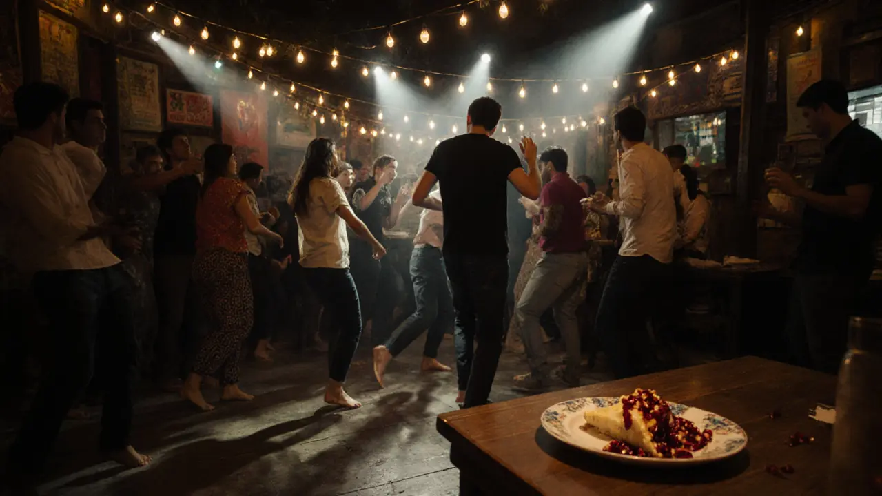 Multicultural crowd dancing at Yeni Bahçe in Kadıköy, music blending Middle Eastern melodies with modern beats.