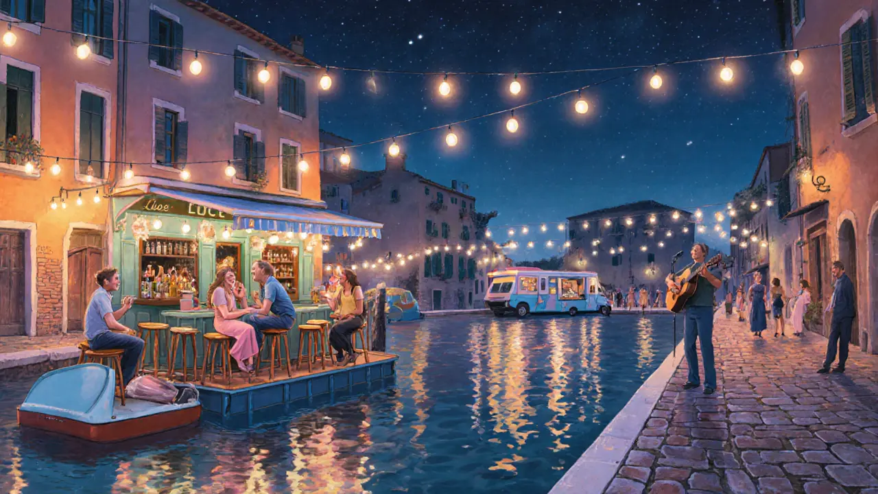 Nighttime view of Navigli canals with floating bars, string lights, and people dancing on cobblestones under the stars.