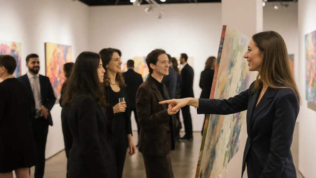 People engaging at an art gallery opening in Alserkal Avenue, Dubai.
