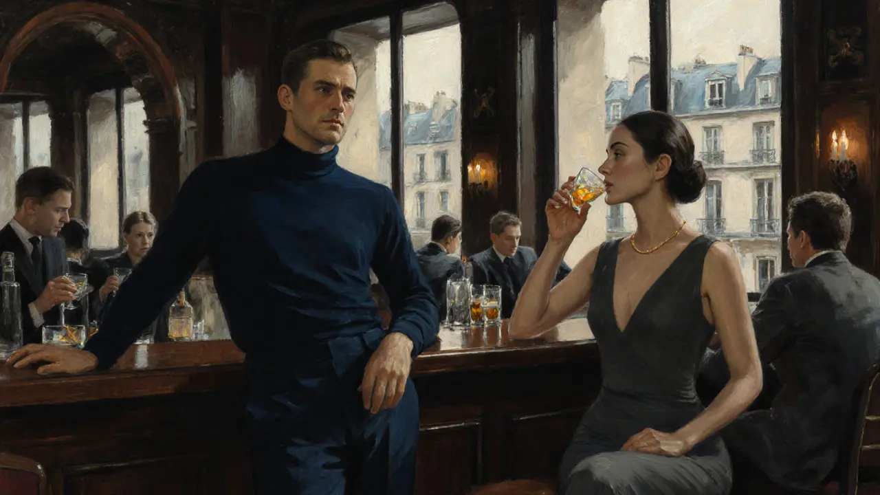 People in refined attire enjoying cocktails in a sophisticated Parisian lounge with soft candlelight.