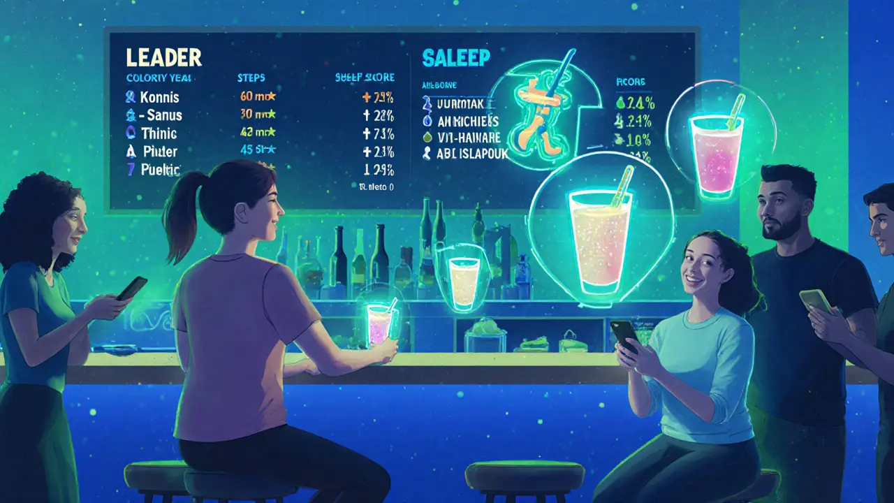 Person ordering a drink at a bar where fitness app data glows around them, with a digital leaderboard showing activity scores.