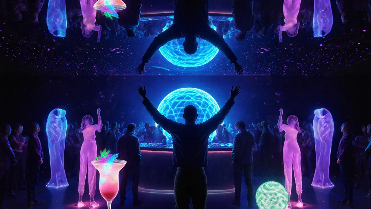 Person under mirrored ceiling surrounded by glowing reflections and neon lights in vibrant nightclub.