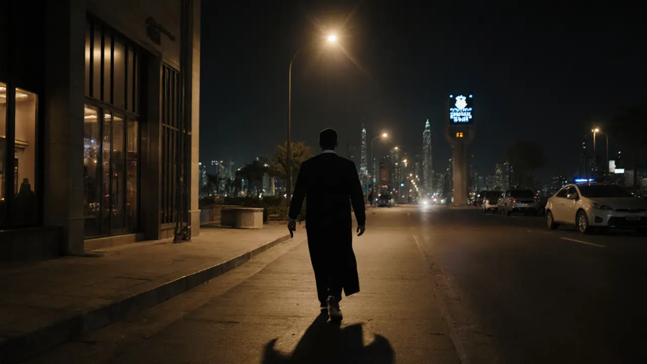 Person walking away from a hotel at night with phone showing location sharing, police sign in distance.