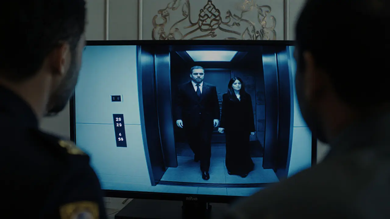 Police officer reviewing hotel security footage of an unregistered guest entering with a companion.