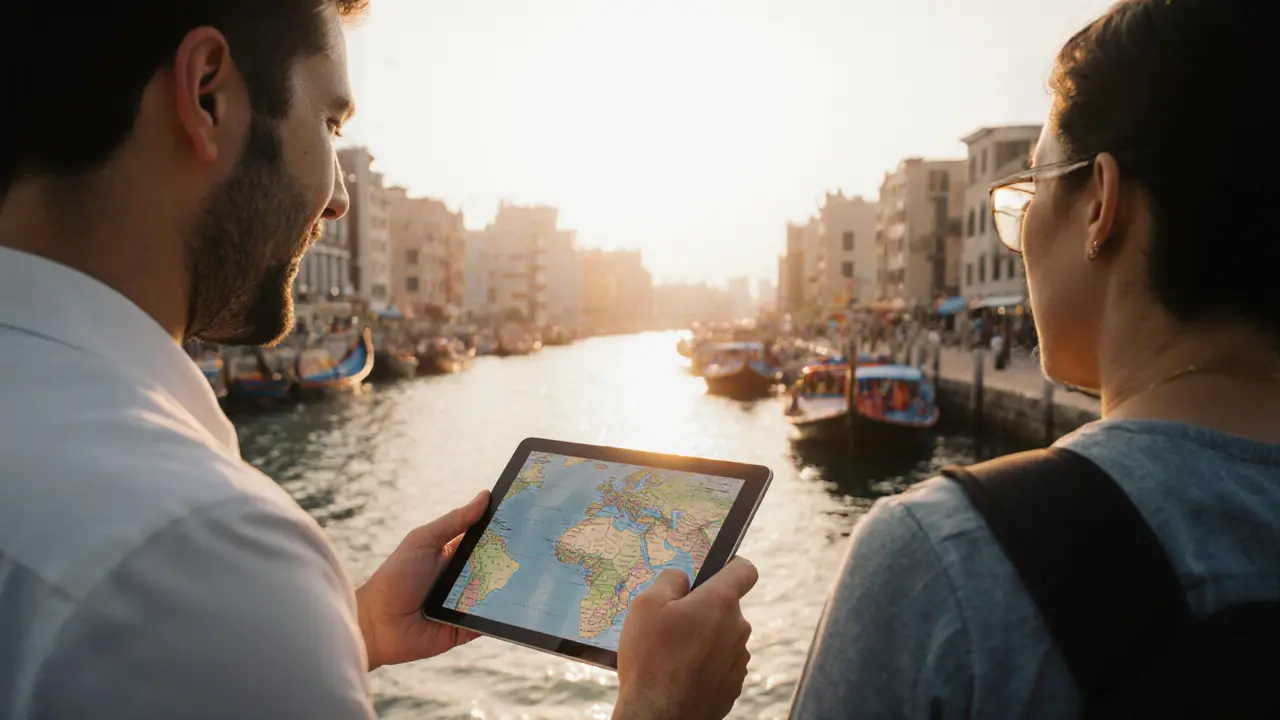 Professional tour guide showing a map to a tourist along Dubai Creek at sunset.