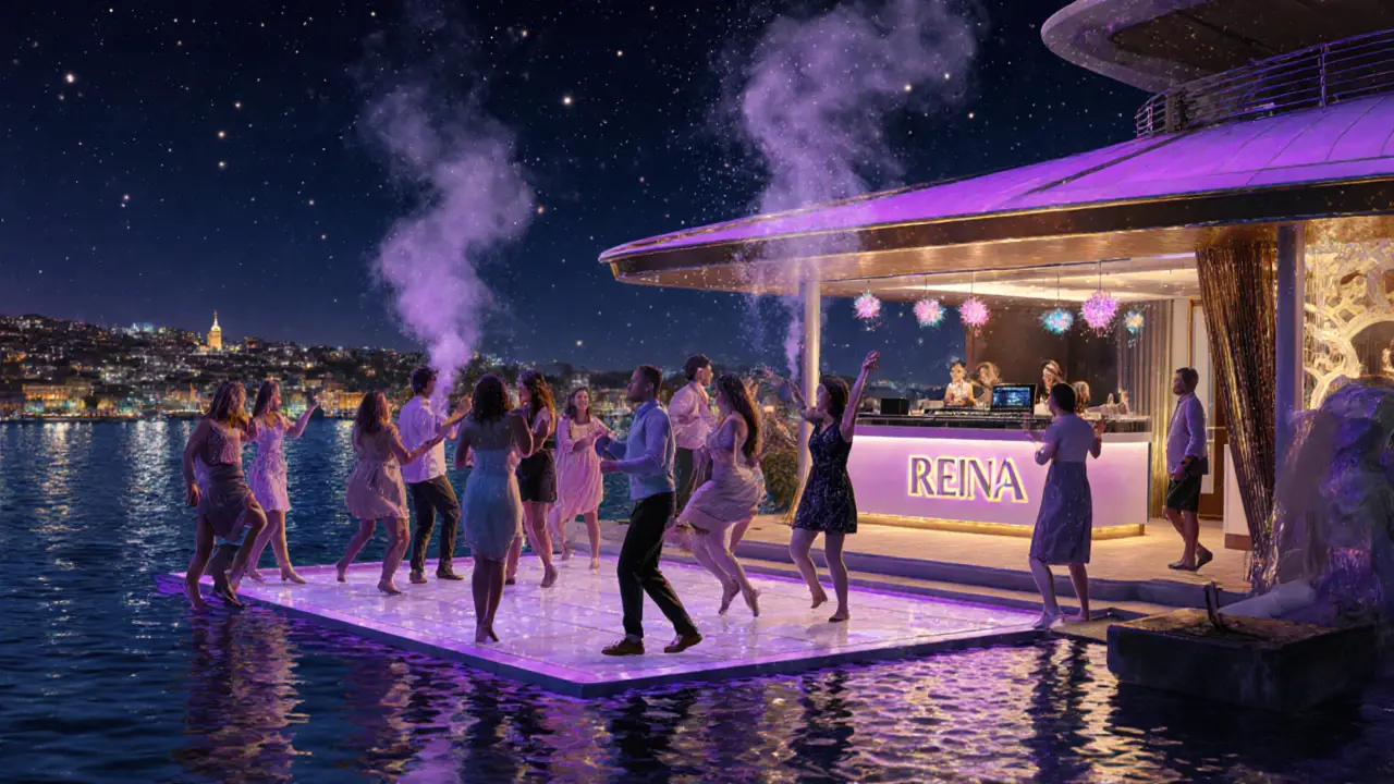 Reina nightclub&#039;s lakeside dance floor with guests dancing under ambient purple and gold lights.