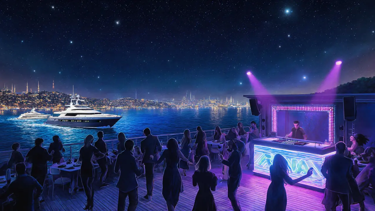 Reina nightclub rooftop under stars with Bosphorus views and people dancing under glowing lights.