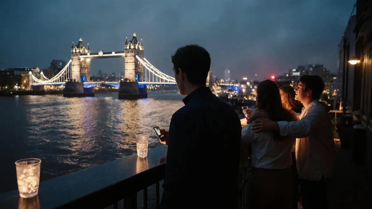 Rooftop bar at dawn with skyline view as strangers sing together by the river.