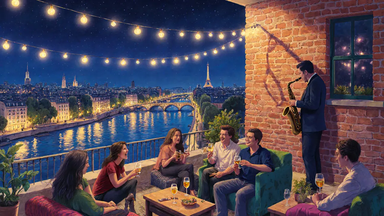 Rooftop bar in Oberkampf at night with city lights behind patrons drinking natural wine.