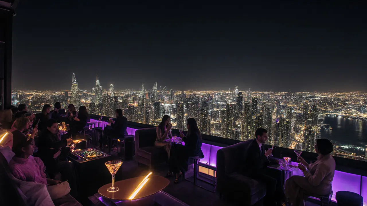 Rooftop bar with panoramic city views, guests sipping cocktails in velvet booths at night.