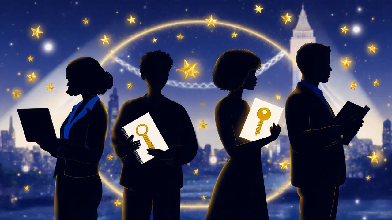 Silhouettes of diverse individuals against a London skyline, each holding symbols of autonomy, glowing with golden light.