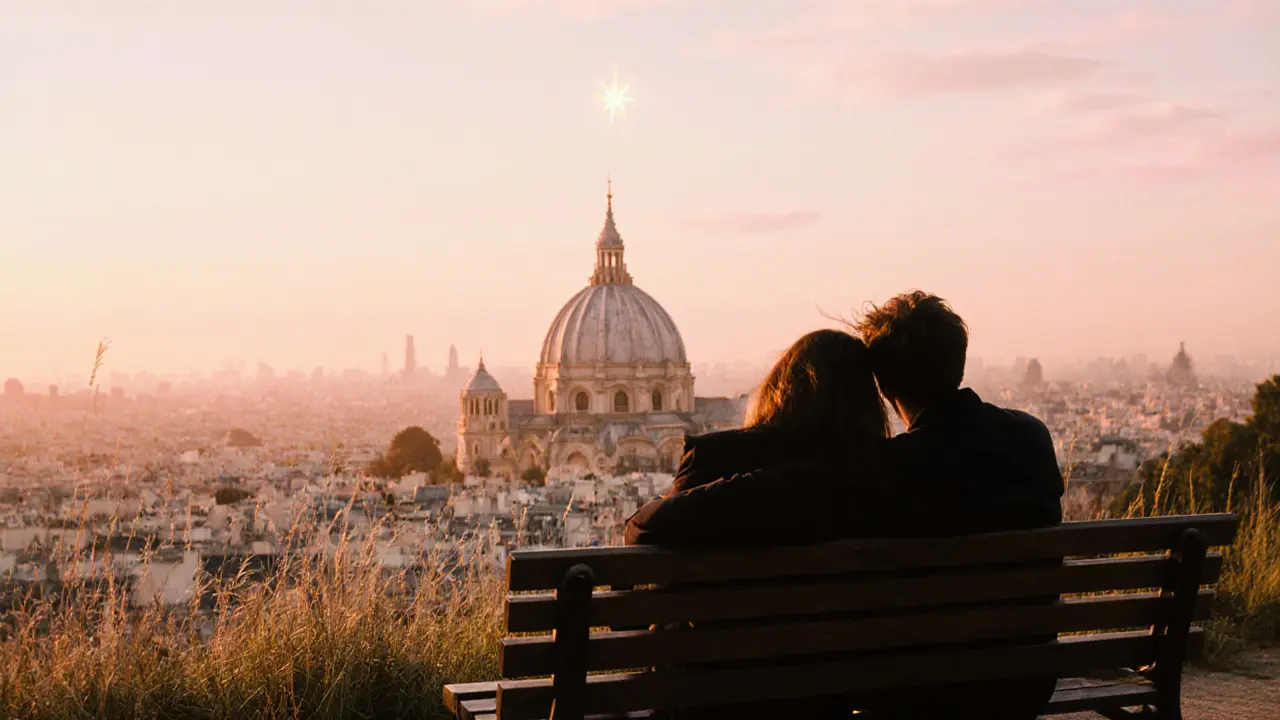 Silhouettes sit together on a hidden bench overlooking Paris at sunset, the city glowing below.