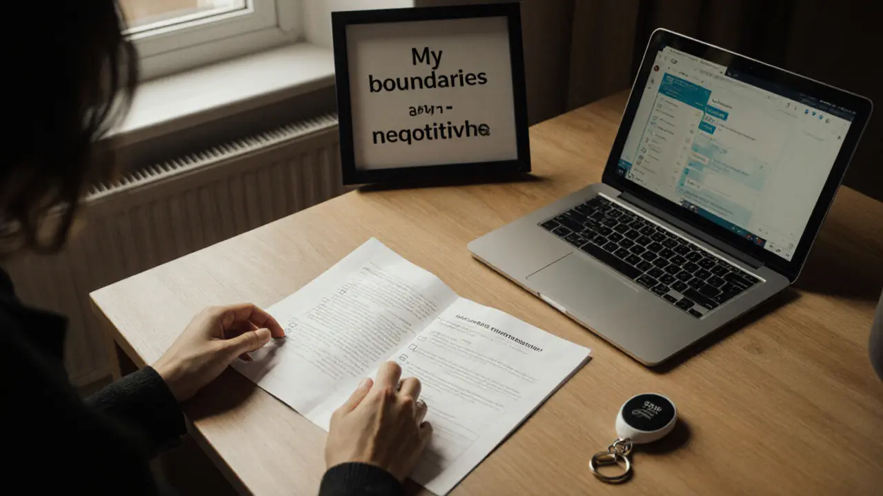 Someone reviews a client agreement with a checklist on a desk, a panic button nearby, in a quiet, well-lit London flat.