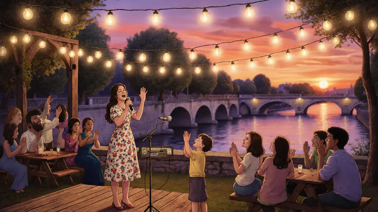 Sunset karaoke party by the river with string lights and people singing together