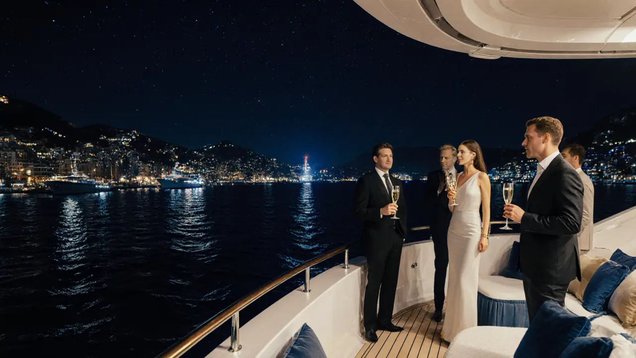 Superyacht guests under the stars at Yacht Club de Monaco, sipping champagne with harbor lights reflecting on water.