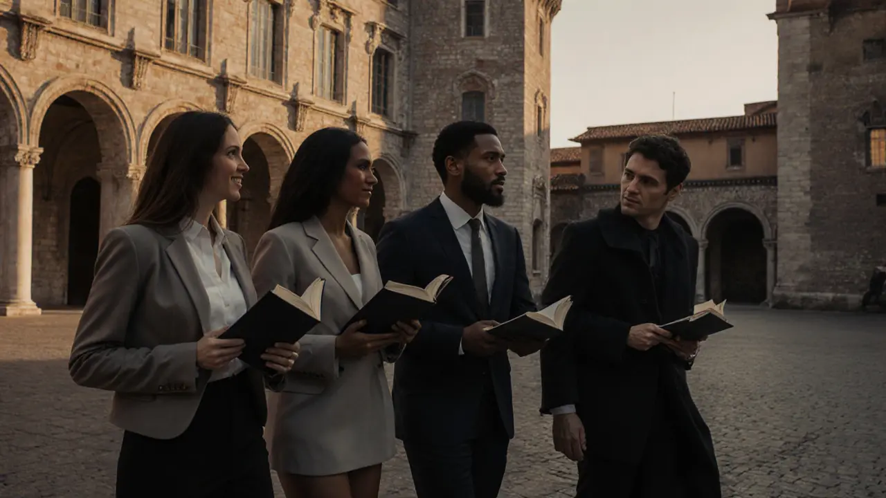 Three diverse professionals walking through Sforza Castle, discussing art and history at dusk.