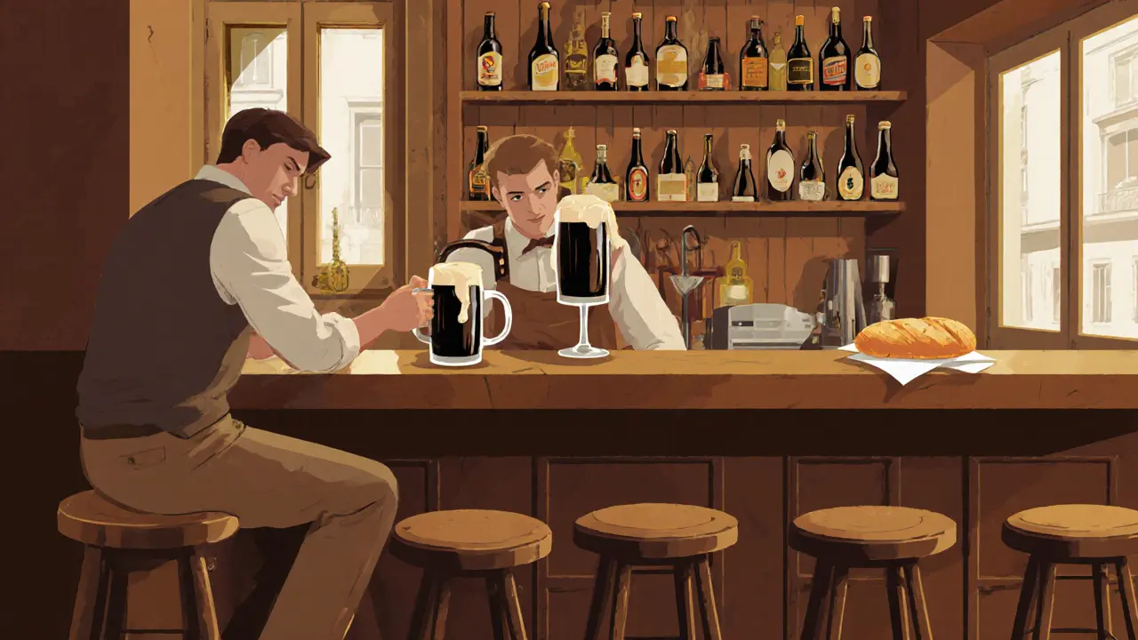 Tiny bistro where a bartender pours a dark Belgian-style beer into a chalice.