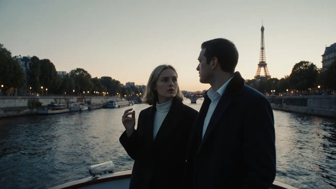 Two elegantly dressed individuals on a private Seine cruise at sunset, the Eiffel Tower glowing in the distance.