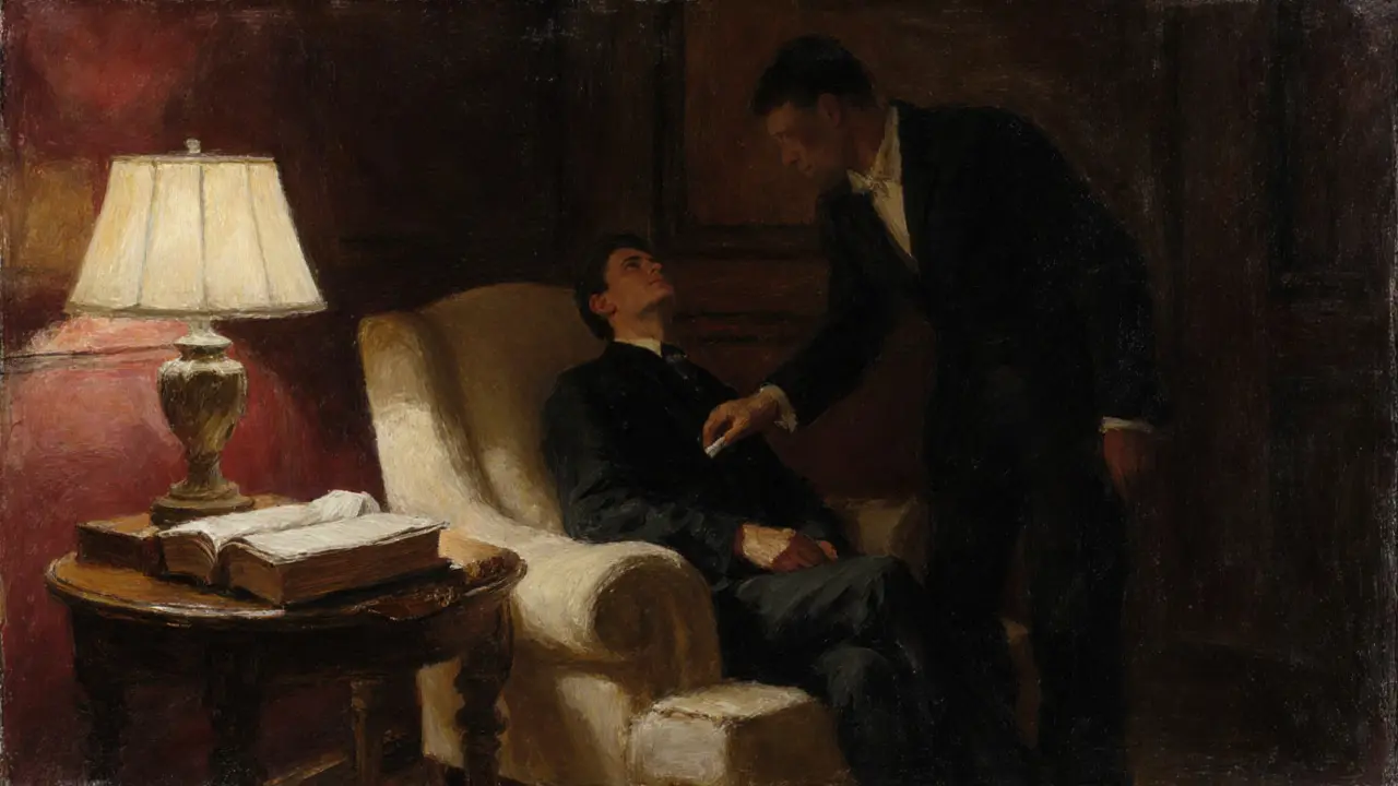 Two figures in a quiet lounge, one at ease, the other gently touching a napkin—silent connection in warm lamplight.