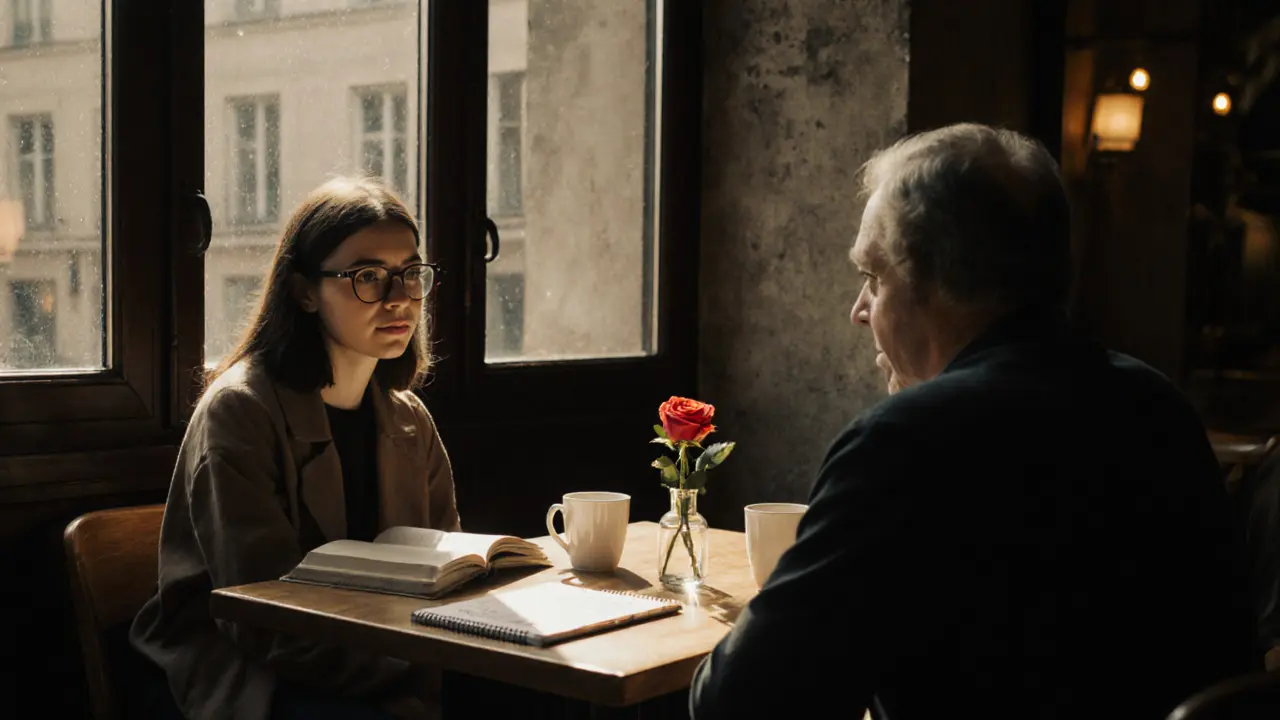 Two people having a quiet, thoughtful conversation in a sunlit Kreuzberg café, books and coffee between them.
