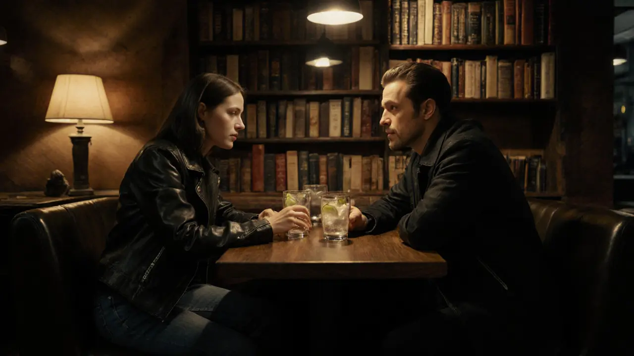 Two people share a quiet drink in a dim, book-lined Berlin bar, phones out of sight, ambient light casting soft shadows.