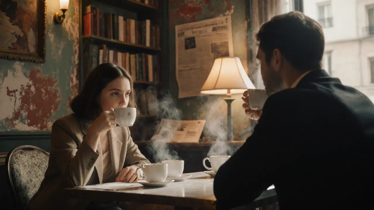 Two people share coffee in a cozy Montmartre café, bathed in warm lamplight.