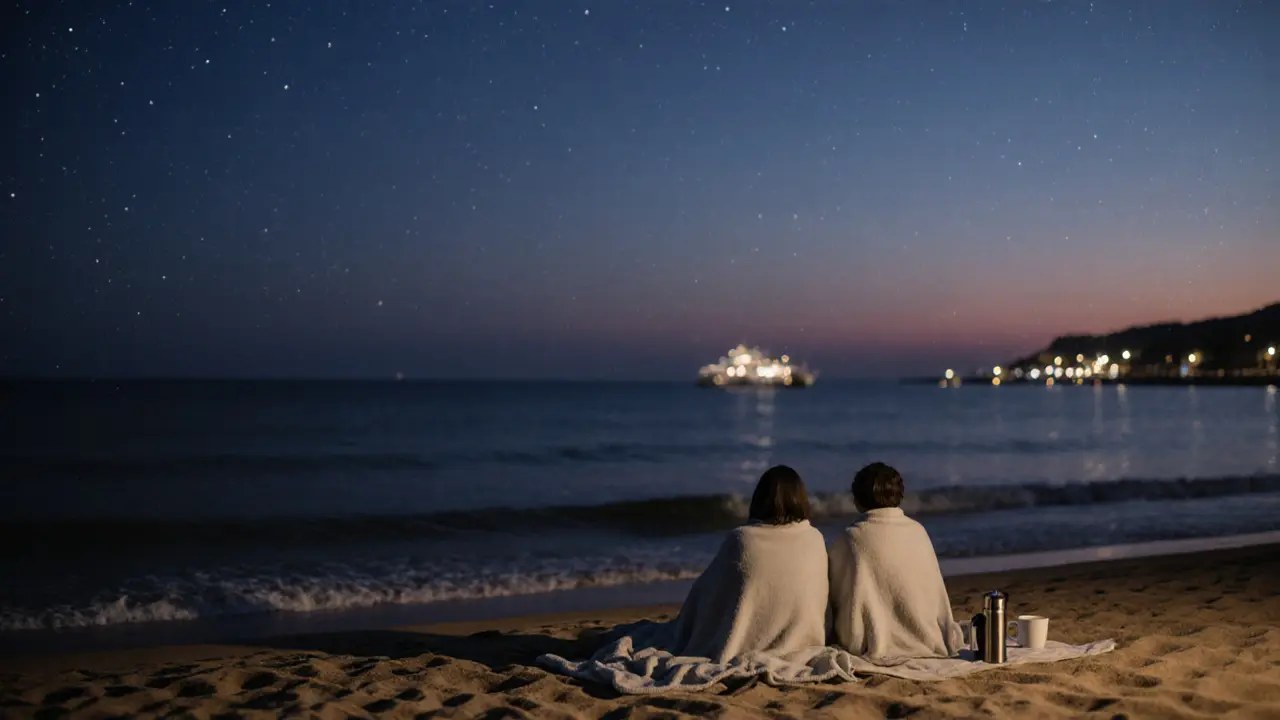 Two people sitting quietly on a beach at dawn, wrapped in blankets, watching the sea.