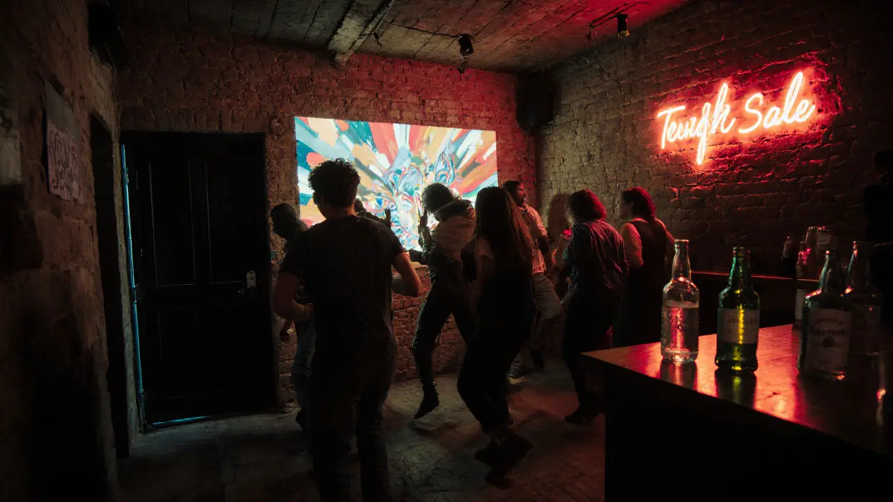 Underground club interior in Porta Romana with live art projections and diverse crowd dancing in dim neon light.