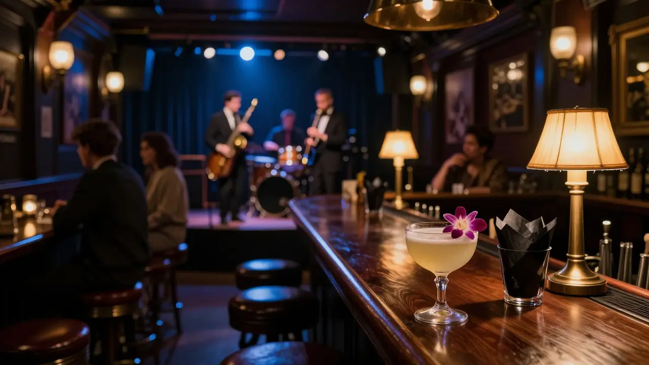 A 1930s jazz lounge with a live band, patrons listening quietly as a cocktail with an orchid sits on the bar.