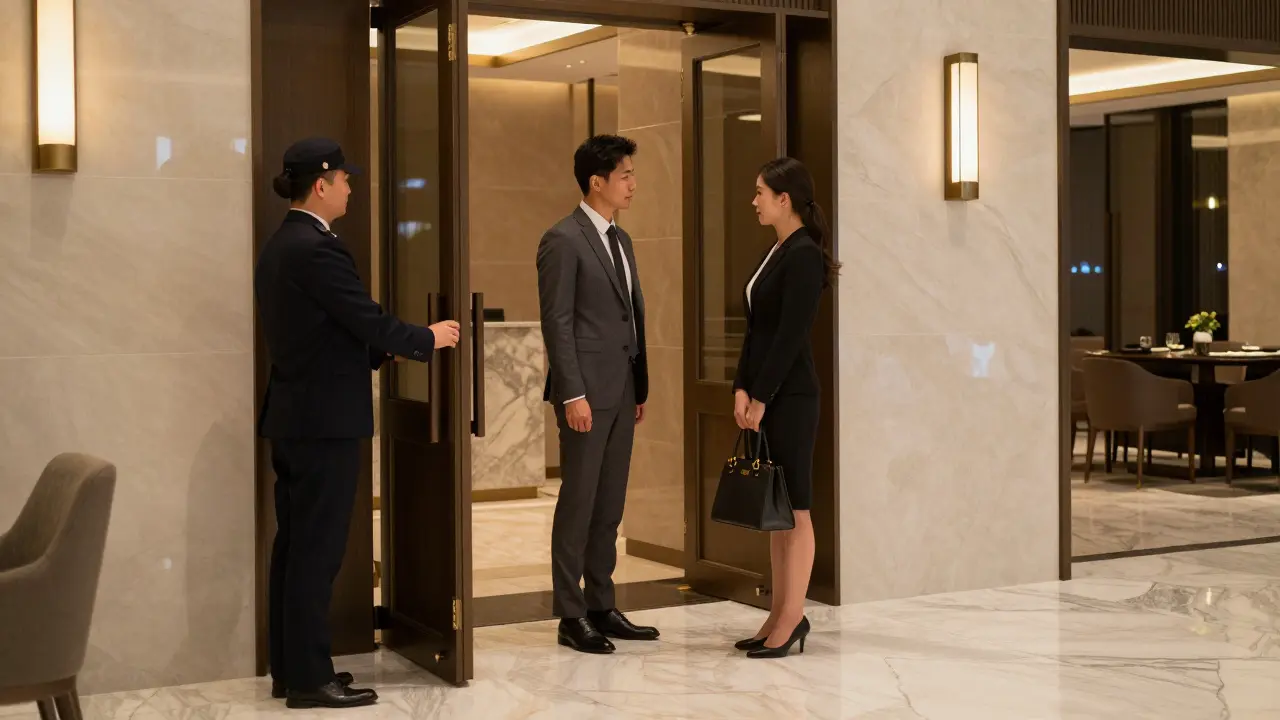 A client and companion meeting discreetly in a luxury hotel lobby at twilight.