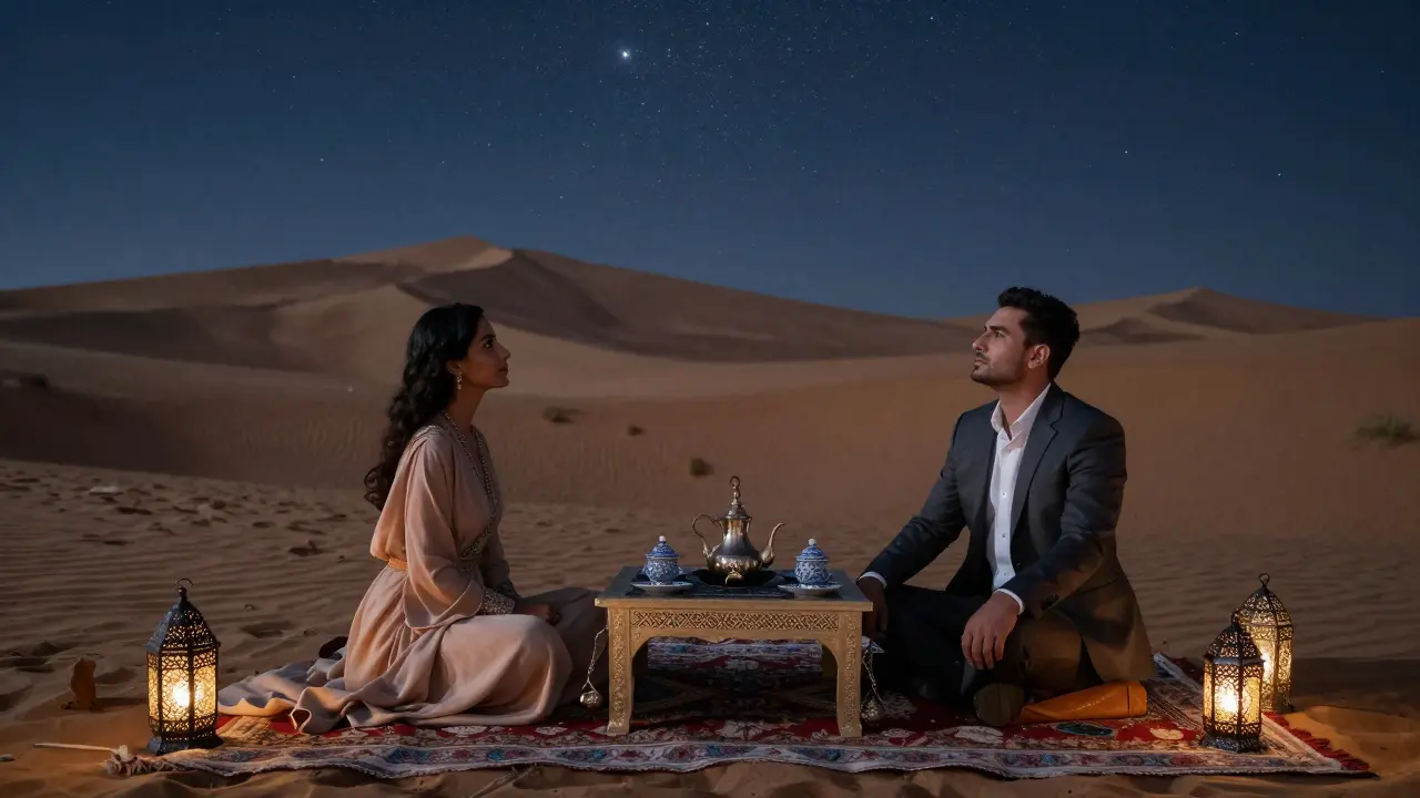 A couple enjoying a private desert dinner under the stars with lanterns and fine dining, surrounded by dunes.