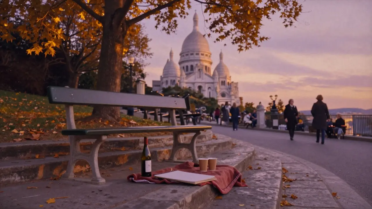 A couple on a bench in Montmartre at sunset, wine and paper cups nearby.