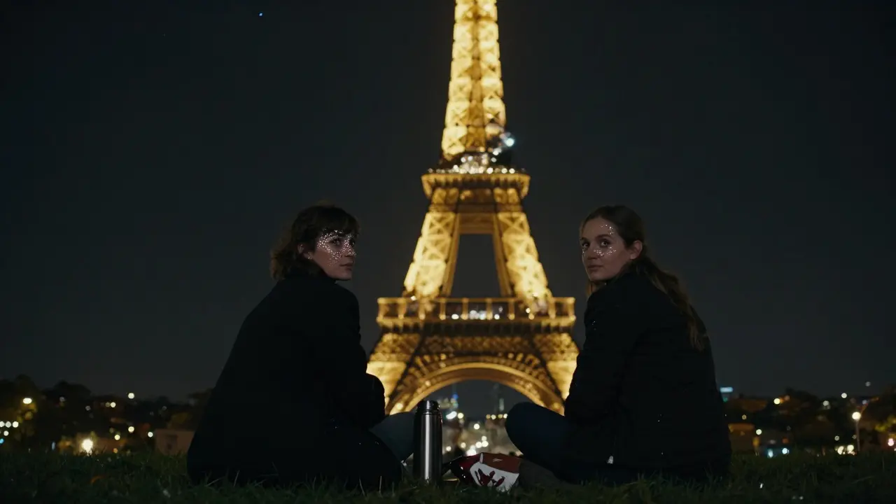 A couple sitting on grass as the Eiffel Tower sparkles with golden lights.